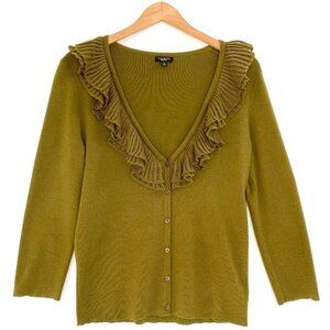 Talbots Womens Wool Blend Cardigan Sweater Size M Ruffle Neckline 3/4 Sleeve